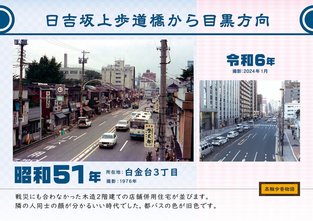 Toward Meguro from the Hiyoshizaka-ue footbridge. Photographed in 1976 (Showa 51) / January, 2024 (Reiwa 6)