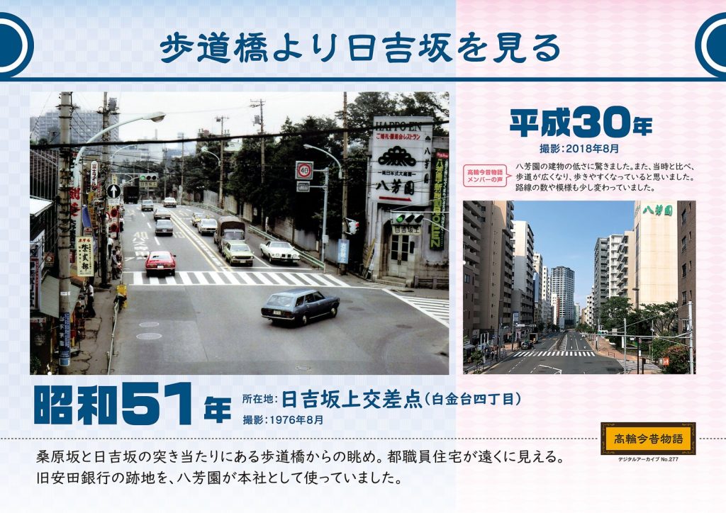 A view of Hiyoshizaka from the pedestrian overbridge. Photographed in August, 1976 (Showa 51) / August, 2018 (Heisei 30)