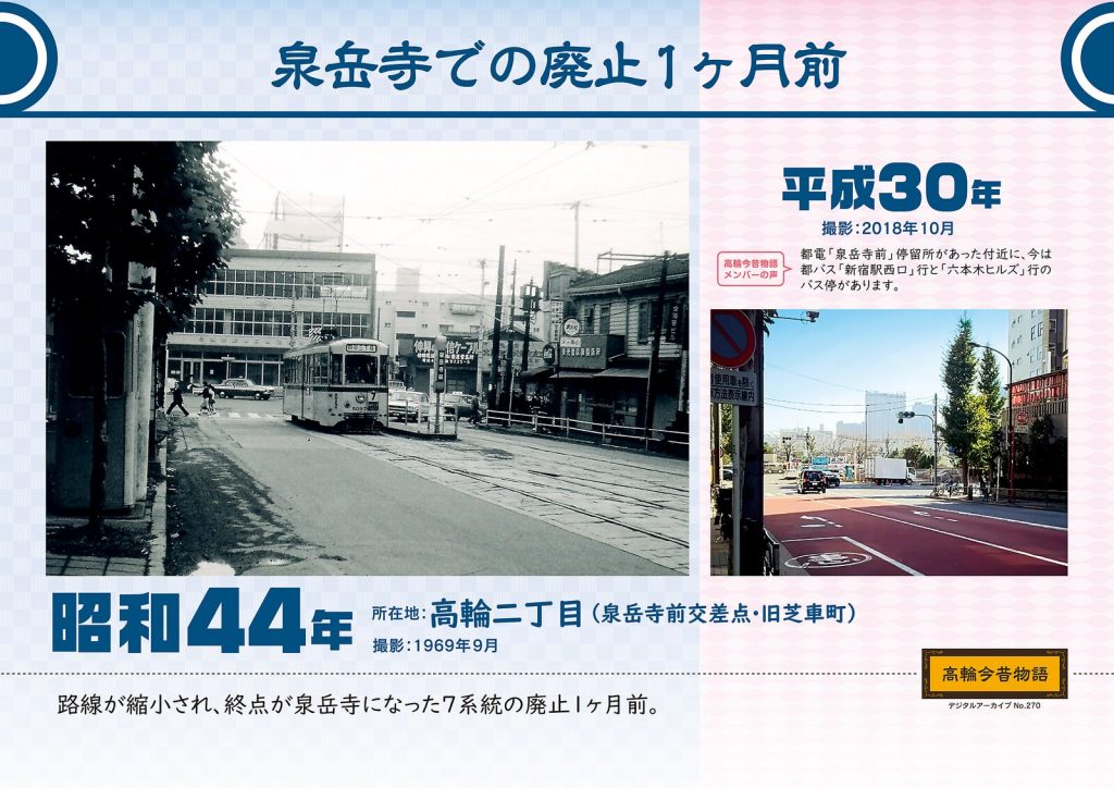 A streetcar at the Sengakuji stop, one month before the streetcars were discontinued (Toden Line 7). Photographed in September, 1969 (Showa 44) / October 2018 (Heisei 30)