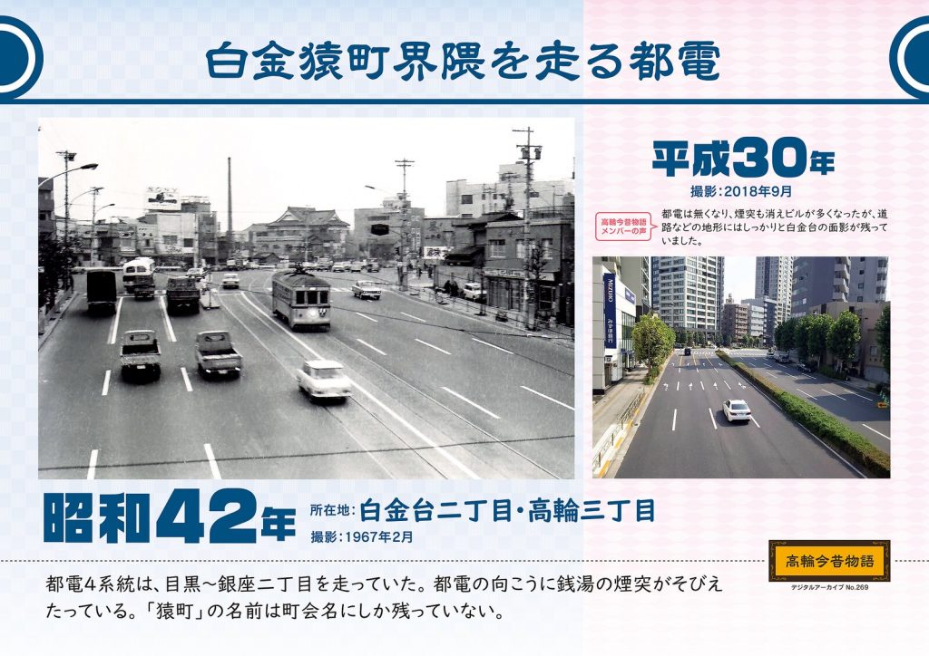 A Toden streetcar operating in Shirokane's Sarumachi neighborhood. Photographed in February, 1967 (Showa 42) / September, 2018 (Heisei 30)