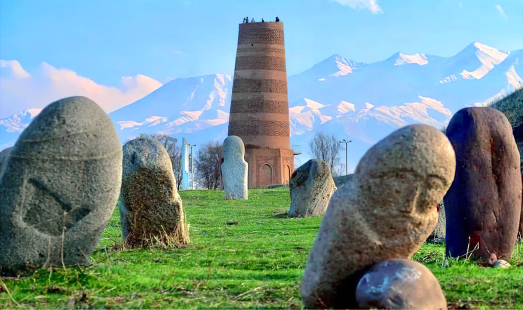 Burana Tower (UNESCO Memory of the World Heritage) and Balbal stone figures, located along the Silk Road