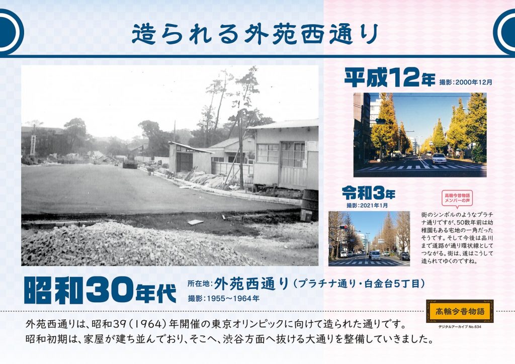 造られる外苑西通り/昭和30年代(撮影: 1955〜1964年)→平成12年(撮影: 2000年12月)→令和3年(撮影: 2021年1月)