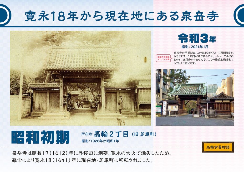 寛永18年から現在地にある泉岳寺/昭和初期(撮影: 1926年が昭和1年)→令和3年(撮影: 2021年1月)